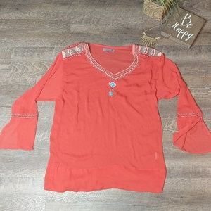 Boho Red Blouse | Sz S | Bell Sleeves